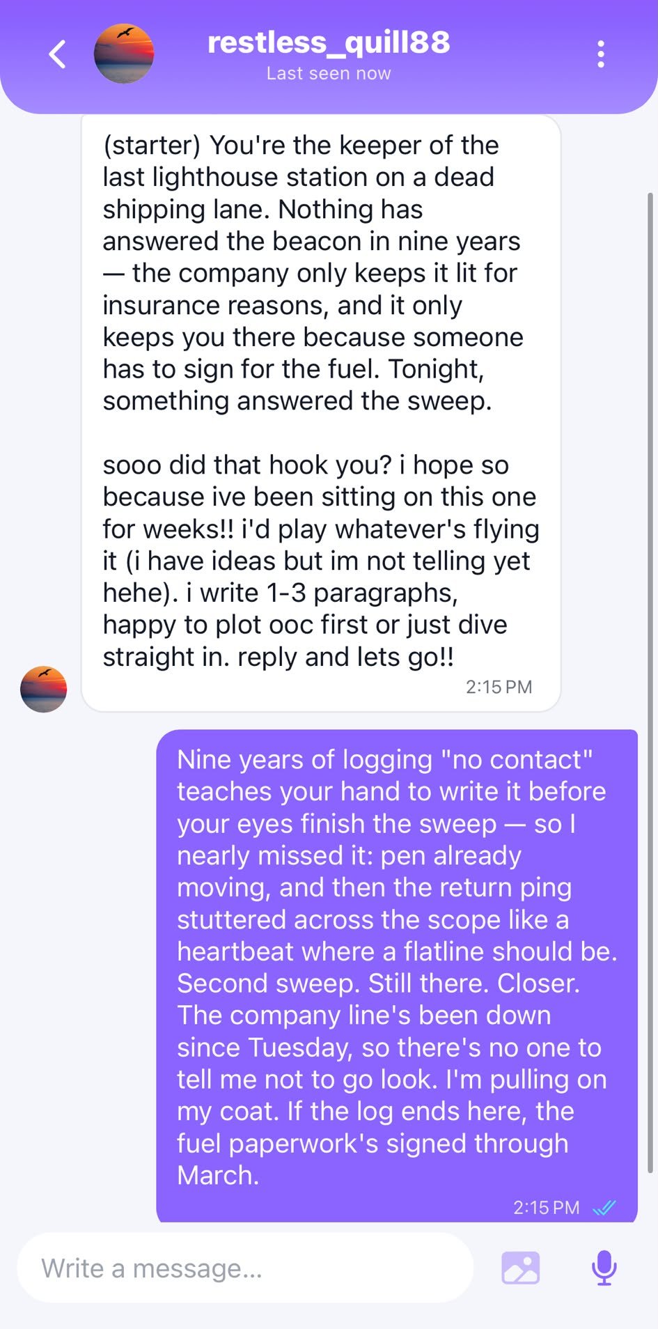 Rolemate: a one-to-one roleplay chat that opened from a starter
