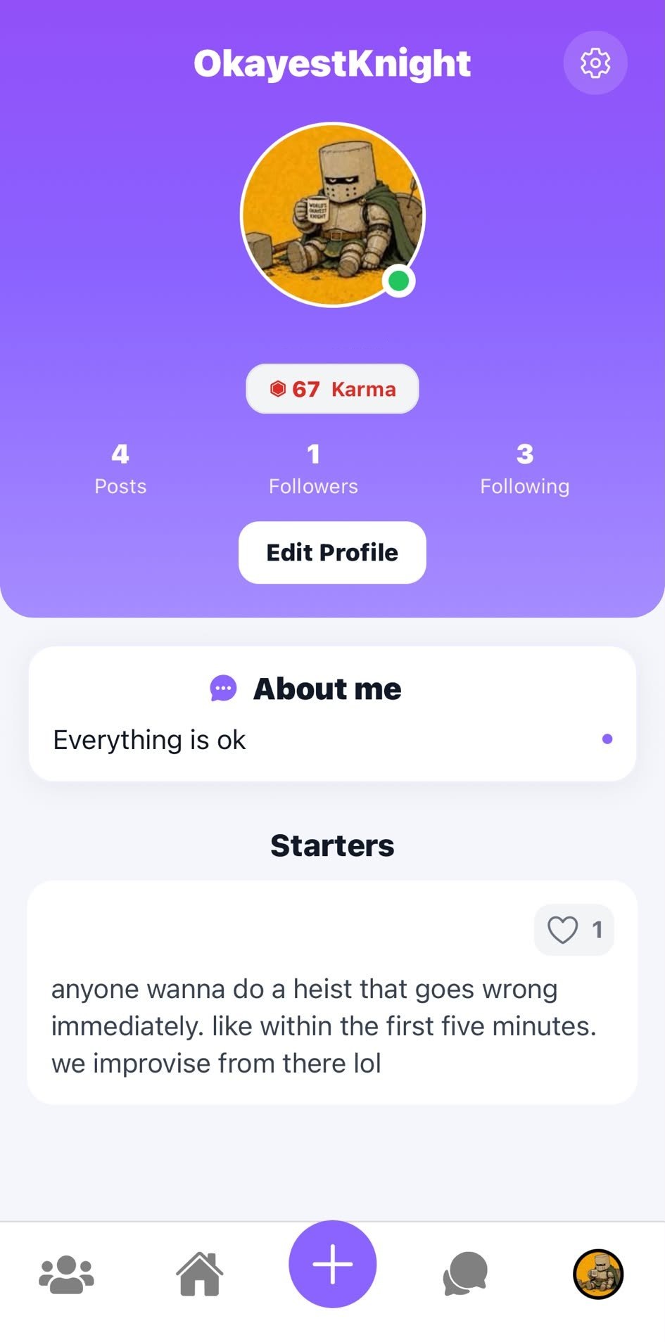 Rolemate: a profile showing karma, posts, followers, and starters