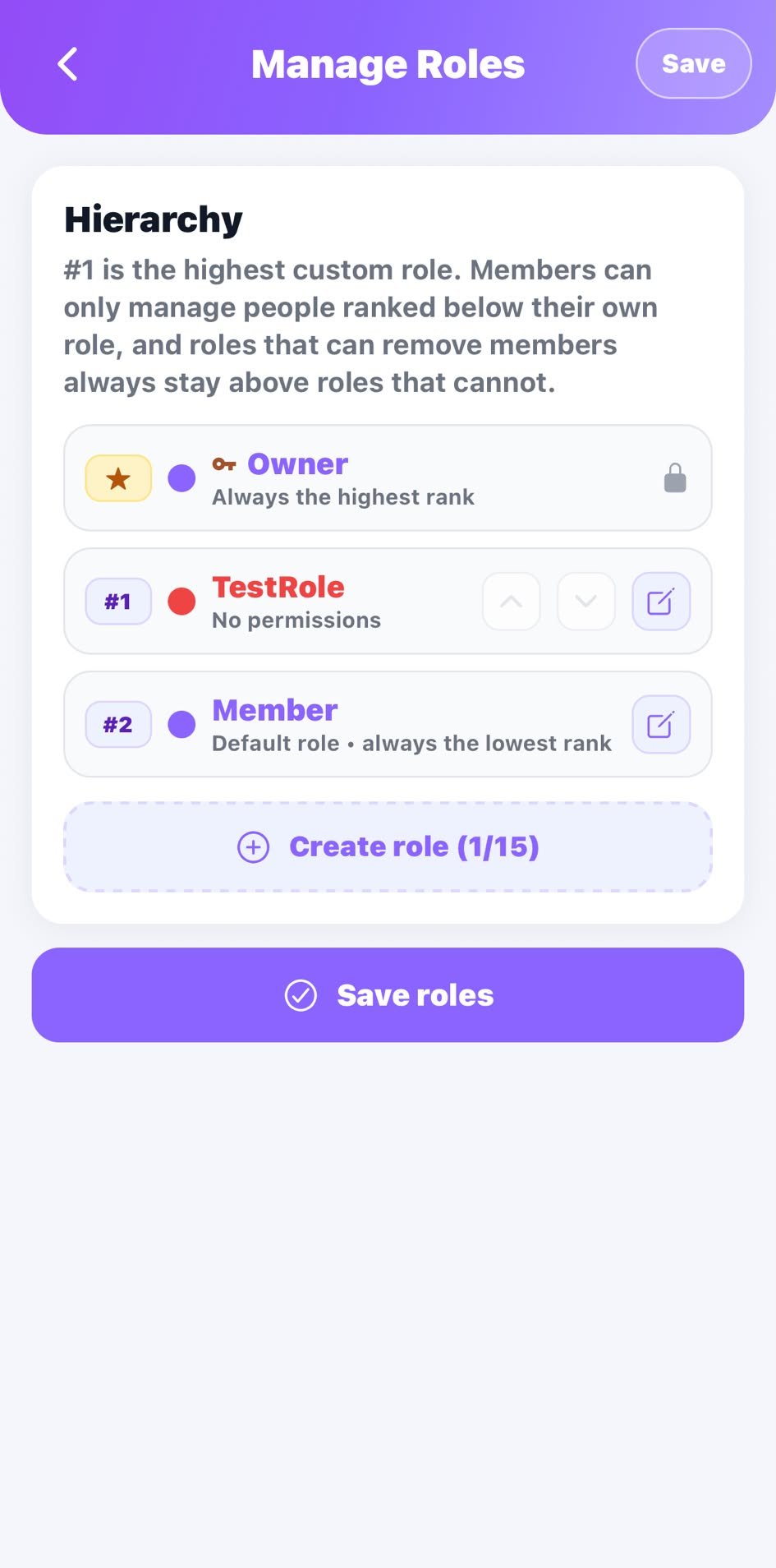 Rolemate: group role hierarchy with Owner, custom roles, and Member