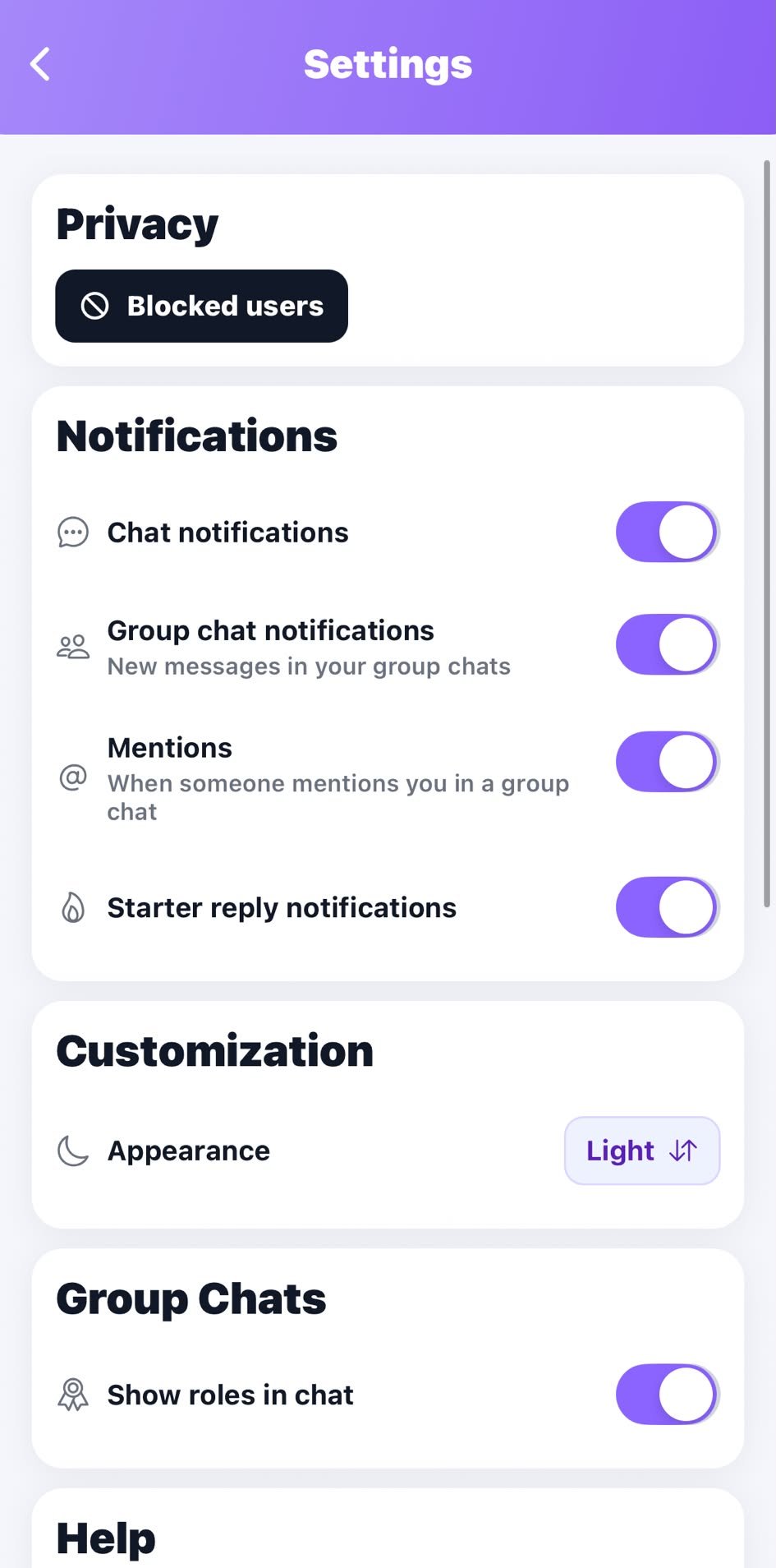 Rolemate: settings with blocked users, notification controls, and appearance